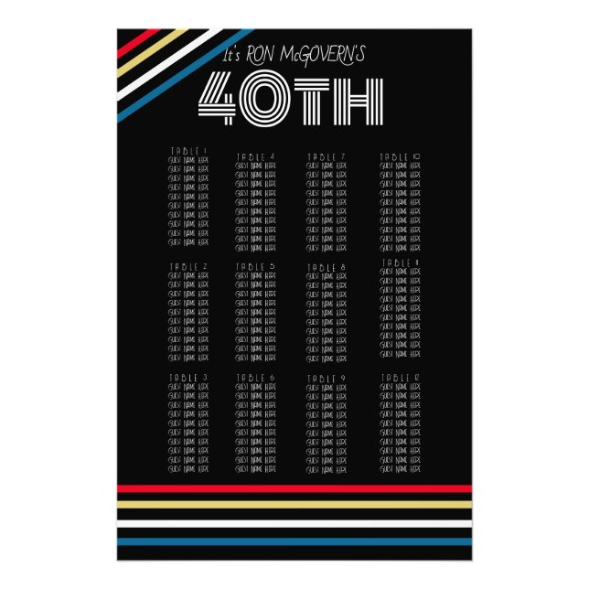 Black & Primary 40th Retro Stripe Seating Chart Photo Print (Front)