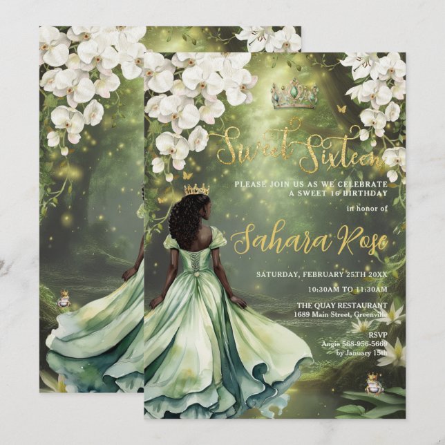 Black Princess and Frog Sage Green Dress Sweet 16 Invitation (Front/Back)