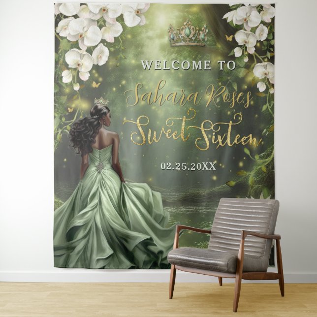 Black Princess and Frog Sage Green Dress Sweet 16  Tapestry (In Situ)