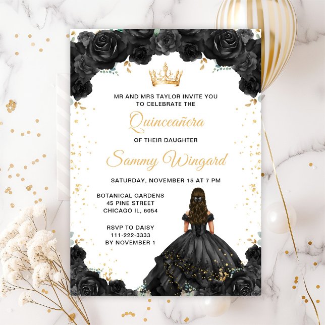 Black Princess Floral Quinceañera Invitation (Creator Uploaded)