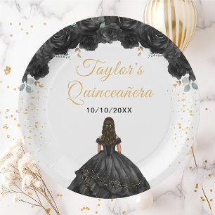 Black Princess Floral Quinceañera Paper Plate
