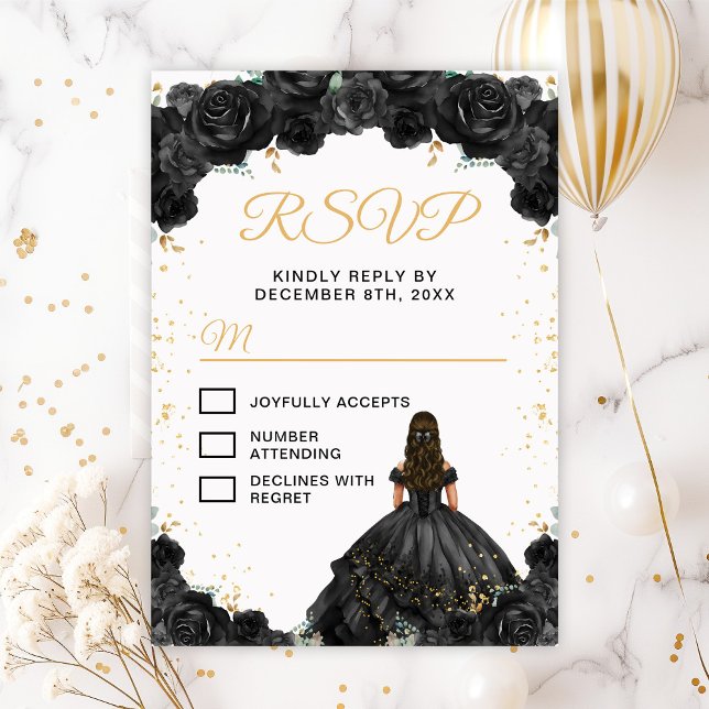 Black Princess Floral Quinceañera RSVP Card (Creator Uploaded)