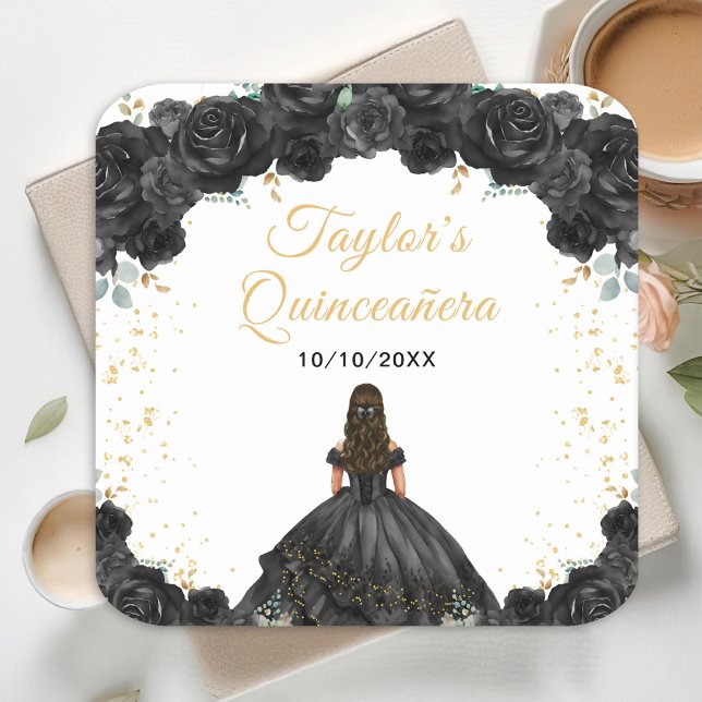 Black Princess Floral Quinceañera Square Paper Coaster (Creator Uploaded)