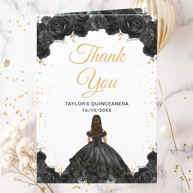Black Princess Floral Quinceañera Thank You Card (Creator Uploaded)