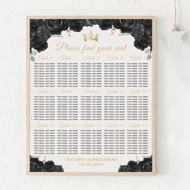 Black Princess Quinceañera 15 Table Seating Chart (Creator Uploaded)