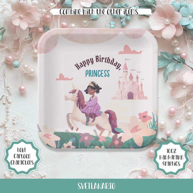 Black Princess Riding Unicorn Square Paper Plate (Creator Uploaded)