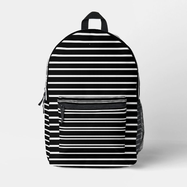 Black Print Cut Sew Bag with White Stripes. (Front)