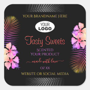 Black Product Label Colourful Hawaiian Flowers Log