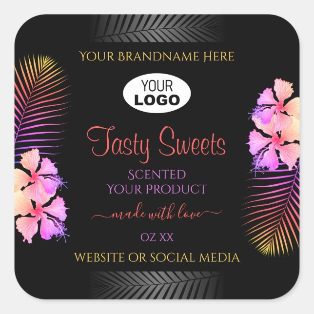 Black Product Label Colourful Hawaiian Flowers Log (Front)