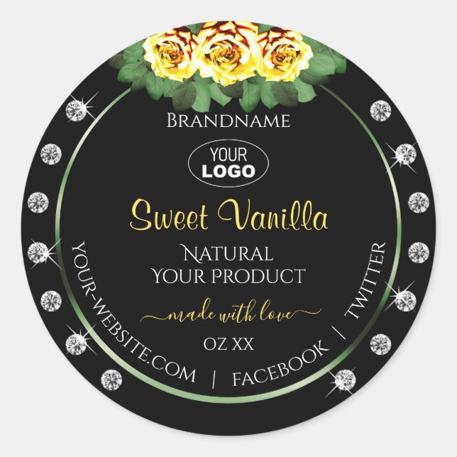 Black Product Label Green Yellow Roses Jewels Logo (Front)