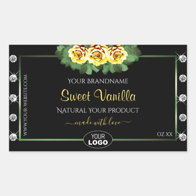 Black Product Label Green Yellow Roses Jewels Logo (Front)
