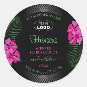 Black Product Label Pink Flowers Green Leaves Logo