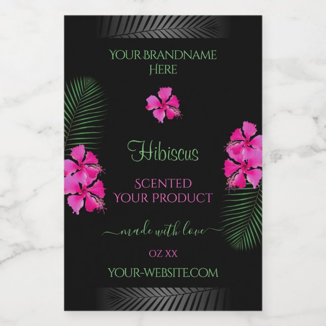 Black Product Label Pink Flowers Green Palm Leaves (Single Label)