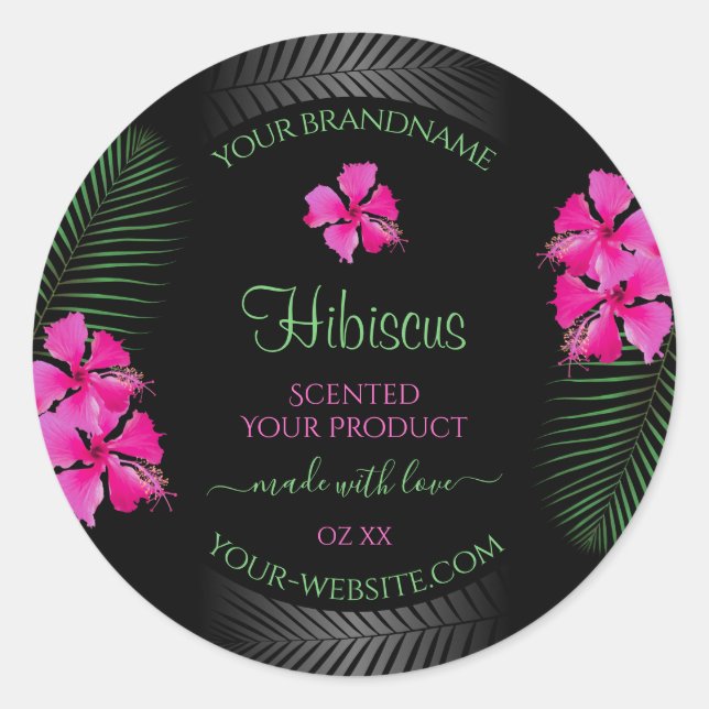 Black Product Label Pink Flowers Green Palm Leaves (Front)