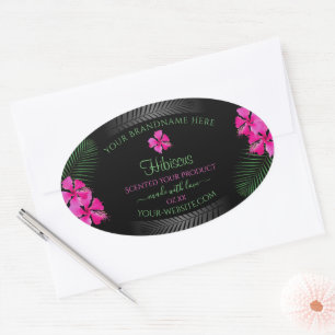 Black Product Label Pink Flowers Green Palm Leaves