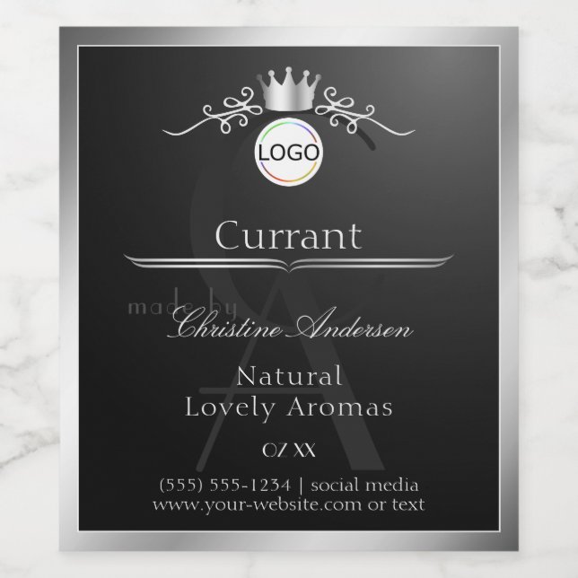 Black Product Label Silver Frame Logo and Monogram (Single Label)