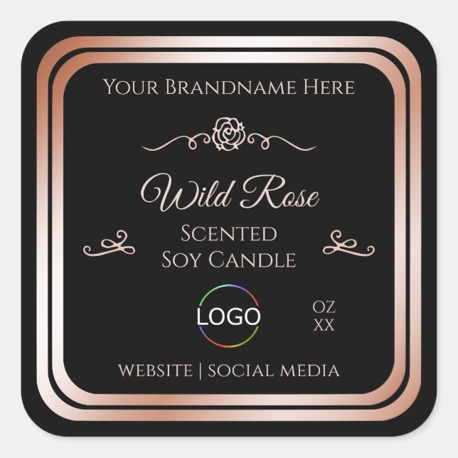 Black Product Label with Rose Gold Frame and Logo (Front)