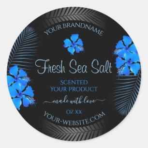 Black Product Label with Sky Blue Hawaiian Flowers