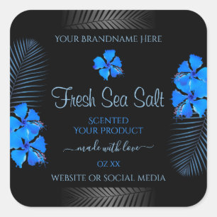 Black Product Label with Sky Blue Hawaiian Flowers