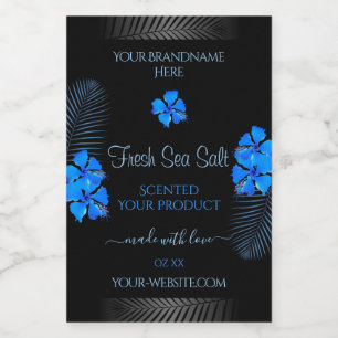 Black Product Label with Sky Blue Hawaiian Flowers
