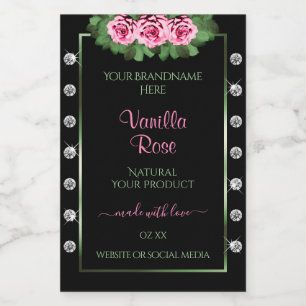 Black Product Labels Green and Pink Roses Diamonds