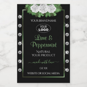 Black Product Labels Green White Roses Jewels Logo