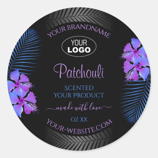 Black Product Labels Purple Blue Flowers with Logo (Front)