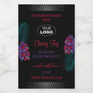 Black Product Labels Teal Purple Red Flowers Logo
