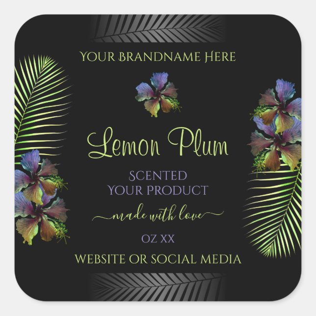 Black Product Labels Yellow Purple Hawaii Flowers (Front)