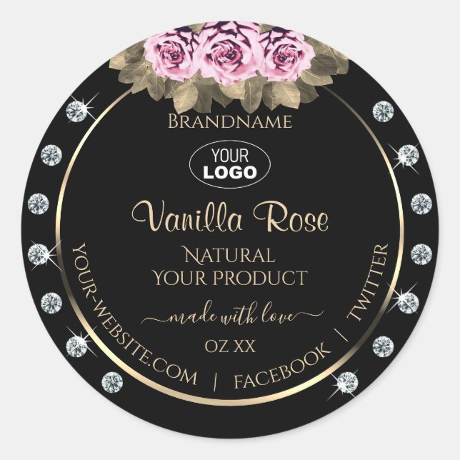 Black Product Packaging Labels Roses Diamonds Logo (Front)