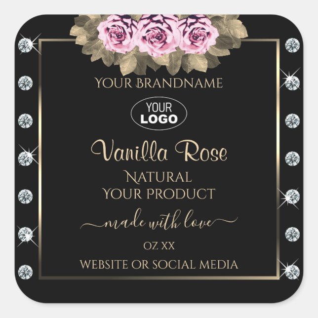 Black Product Packaging Labels Roses Diamonds Logo (Front)