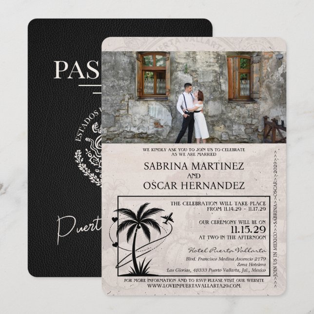 Black Puerta Vallarta Passport Wedding Invitation (Front/Back)