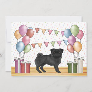 Black Pug Cartoon Dog Colourful Pastels Birthday Invitation
