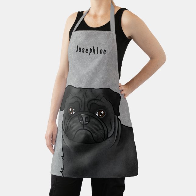Black Pug Cartoon Dog Face Close-Up With Name Grey Apron (Insitu)