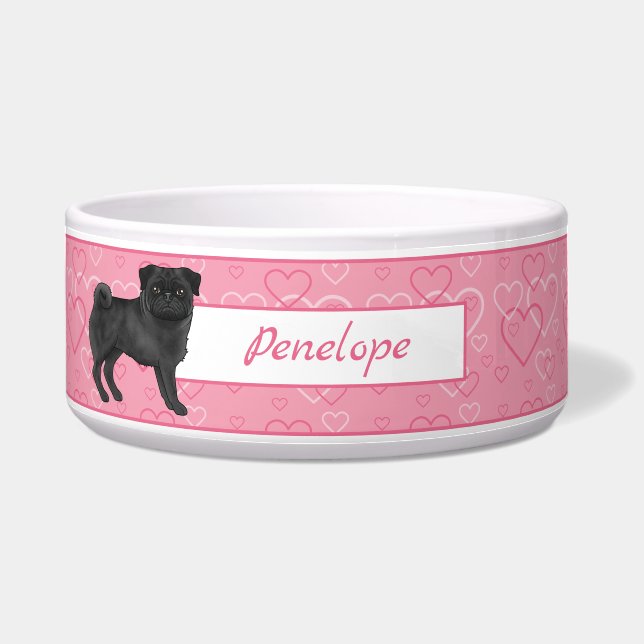 Black Pug Cartoon Mops On Pink Hearts With Name (Front)
