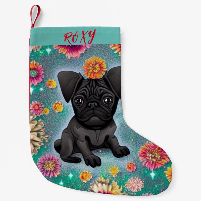 Black Pug  Christmas Stocking with name. (Front)