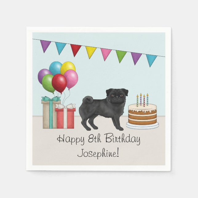 Black Pug Cute Cartoon Dog Colourful Birthday Napkin (Front)