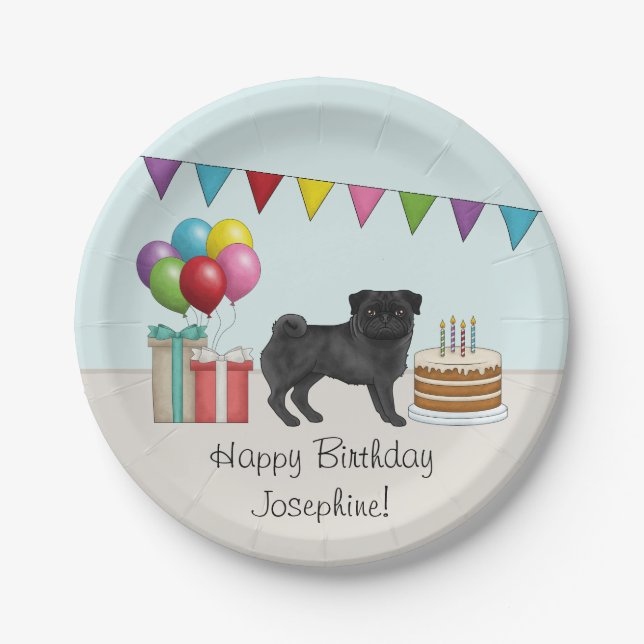 Black Pug Cute Cartoon Dog Colourful Birthday Paper Plate (Front)