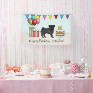 Black Pug Cute Cartoon Dog Colourful Happy Birthda Banner
