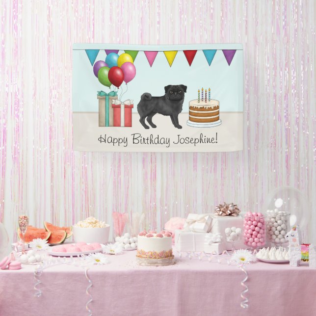 Black Pug Cute Cartoon Dog Colourful Happy Birthda Banner (Party)