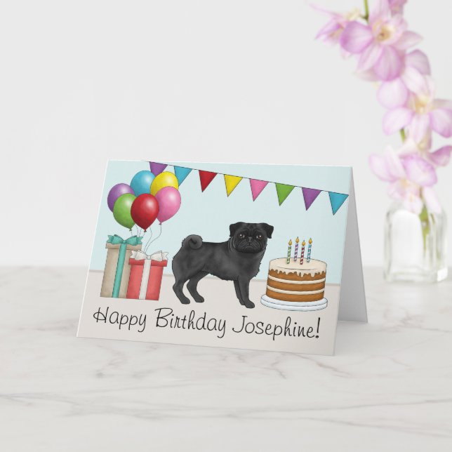 Black Pug Cute Cartoon Dog Colourful Happy Birthda Card (Orchid)