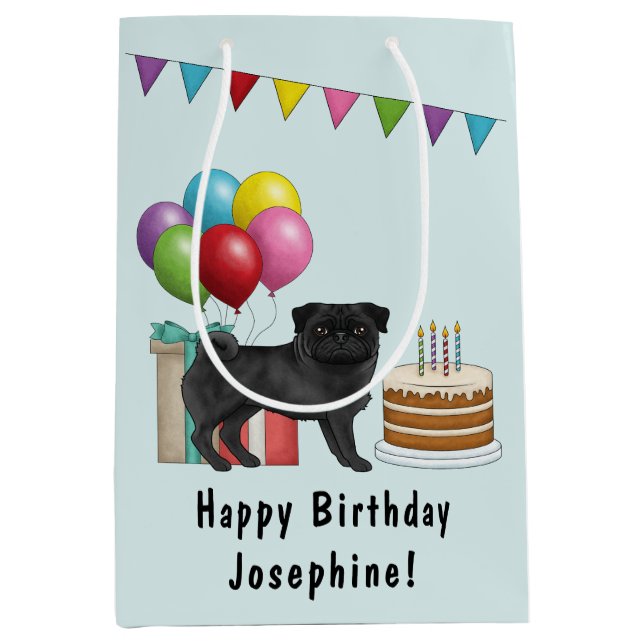 Black Pug Cute Cartoon Dog Colourful Happy Birthda Medium Gift Bag (Front)