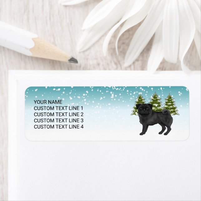 Black Pug Cute Cartoon Dog Snowy Winter Forest (Insitu)