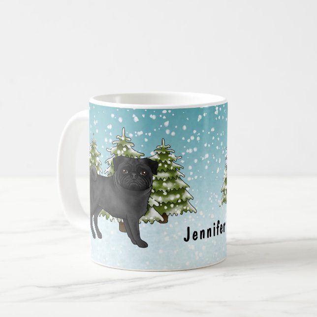 Black Pug Cute Cartoon Dog Snowy Winter Forest Coffee Mug (Front Left)