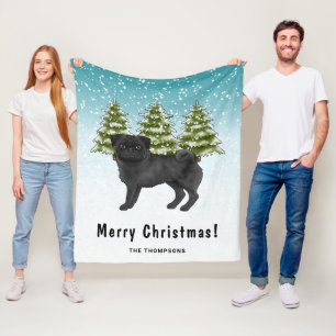 Black Pug Cute Cartoon Dog Snowy Winter Forest Fleece Blanket