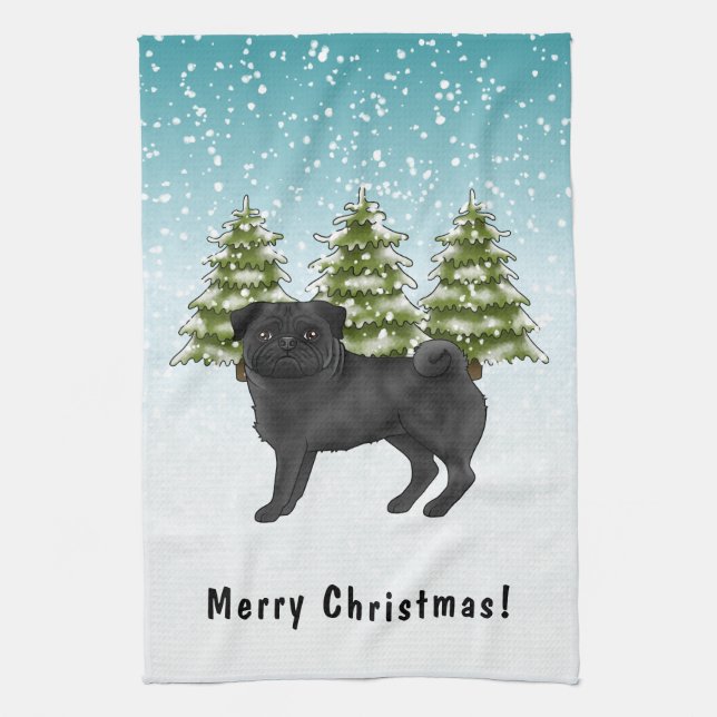 Black Pug Cute Cartoon Dog Snowy Winter Forest Tea Towel (Vertical)