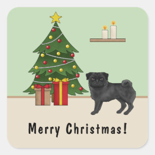Black Pug Cute Cartoon Dog With A Christmas Tree Square Sticker