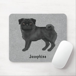 Black Pug Cute Cartoon Dog With Custom Name Grey Mouse Mat