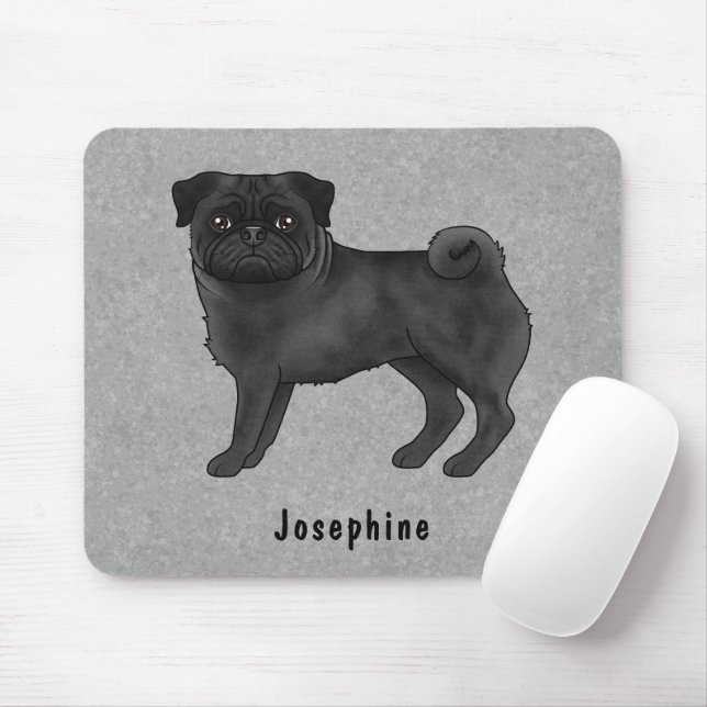 Black Pug Cute Cartoon Dog With Custom Name Grey Mouse Mat (With Mouse)