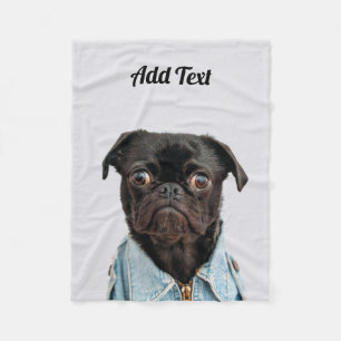 Black Pug Dog Add Text Fleece Blanket